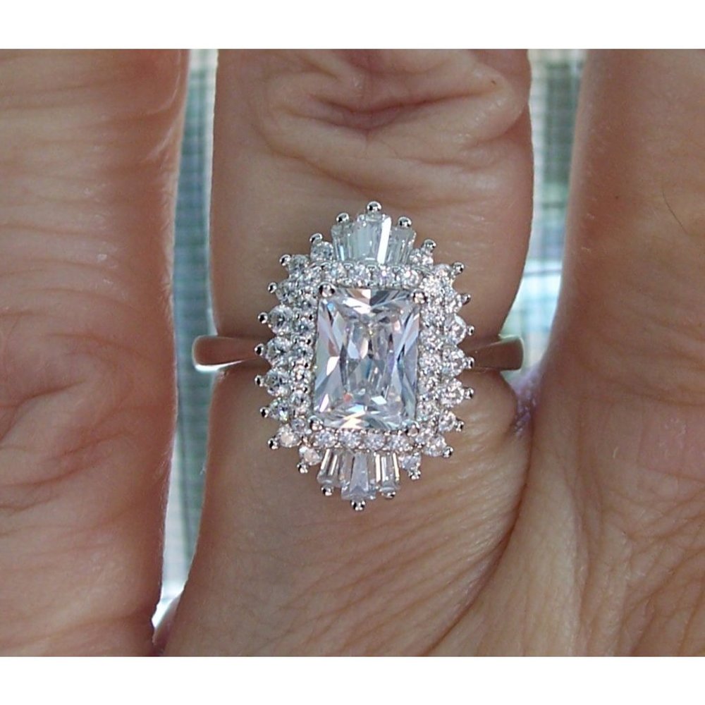 Antique Style Ring Radiant Cut CZ With Tapered Baguettes 925 Sterling Silver - Picture 12 of 16